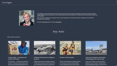 A screenshot of a portfolio website, tastefully decorated and populated with summaries of articles and radio series written by the author