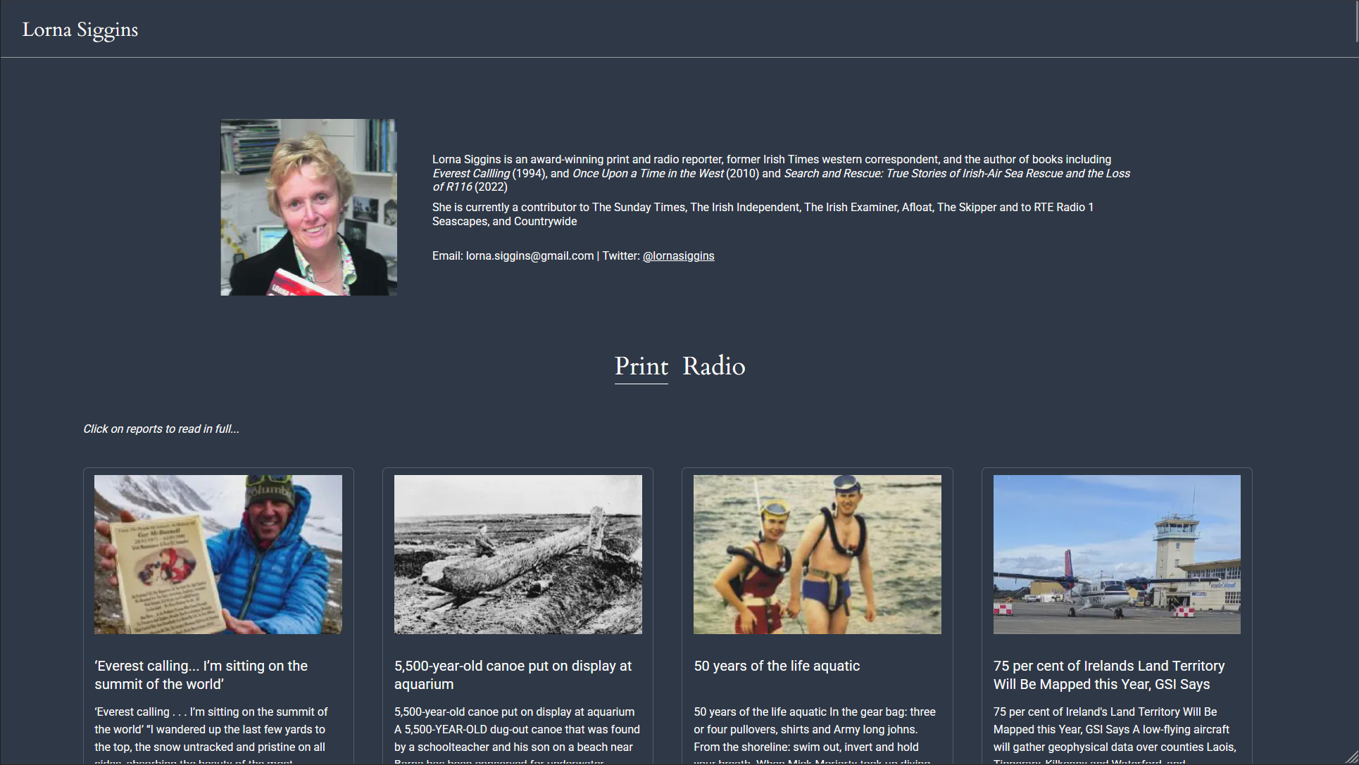 A screenshot of a portfolio website, tastefully decorated and populated with summaries of articles and radio series written by the author