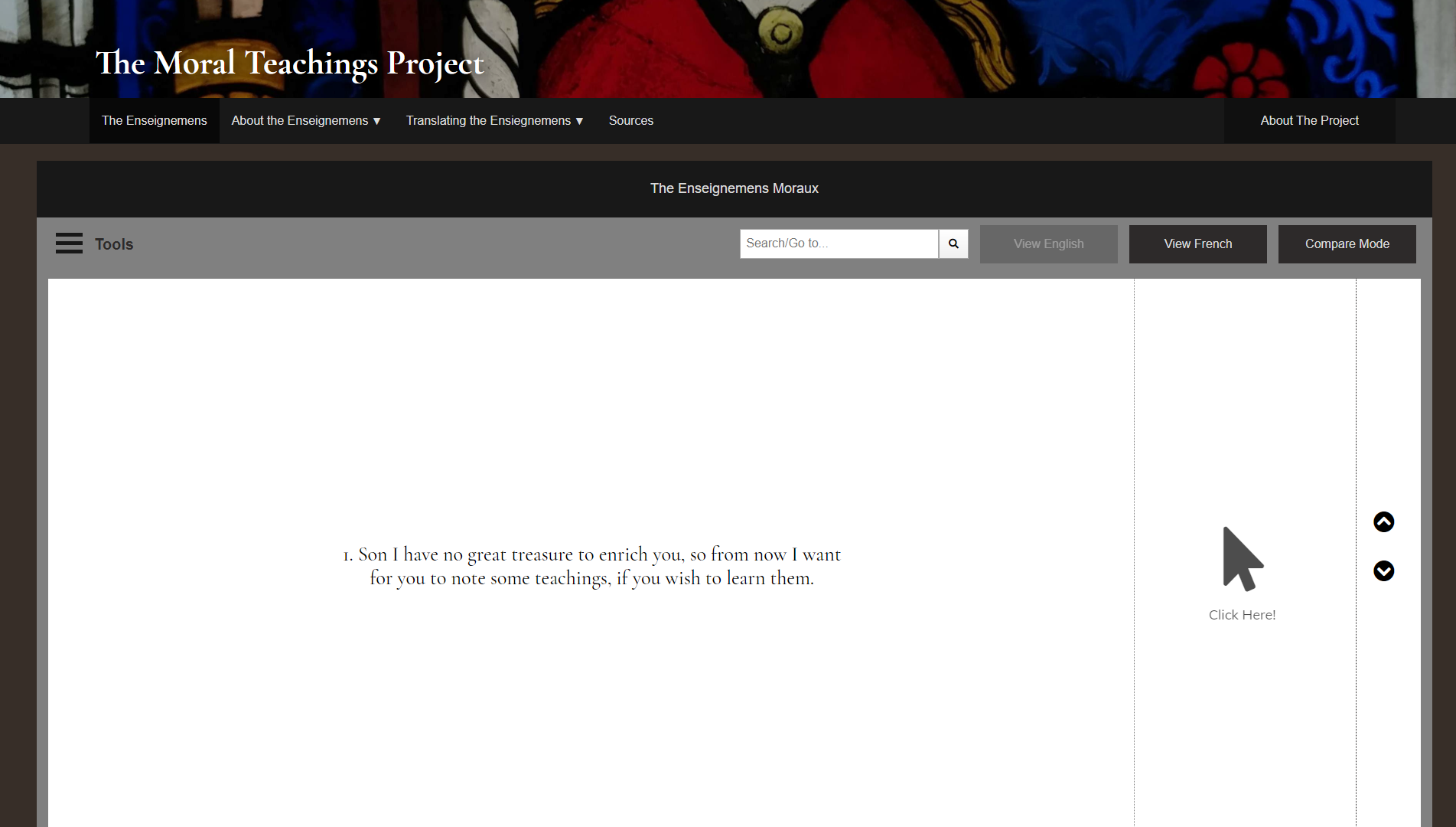 A screenshot of a web app where information is formatted in parallel rows, in two languages with accompanying illuminations