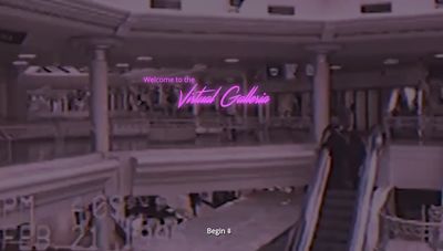 A gently filtered purple image of a still from found footage of a mall from the 1980s, with an animated pulsing neon logo that reads "The Virtual Galleria"