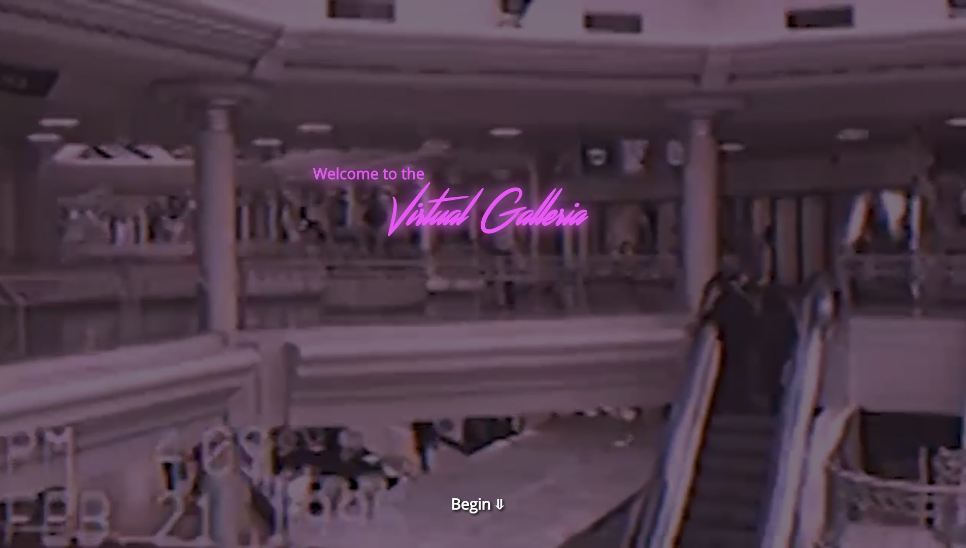 A gently filtered purple image of a still from found footage of a mall from the 1980s, with an animated pulsing neon logo that reads